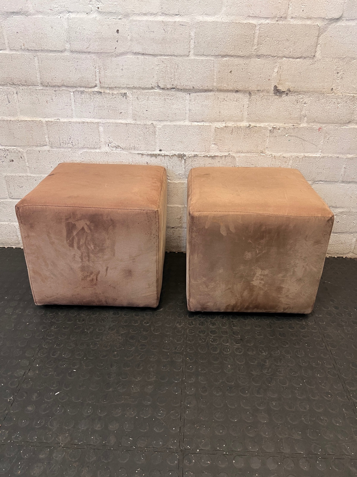 Beige Upholstered Cube Ottoman – condition detail