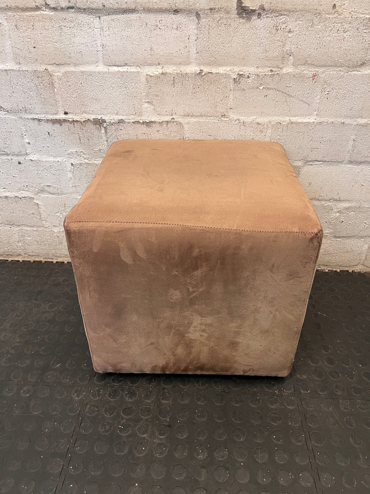 Beige Upholstered Cube Ottoman – main front view