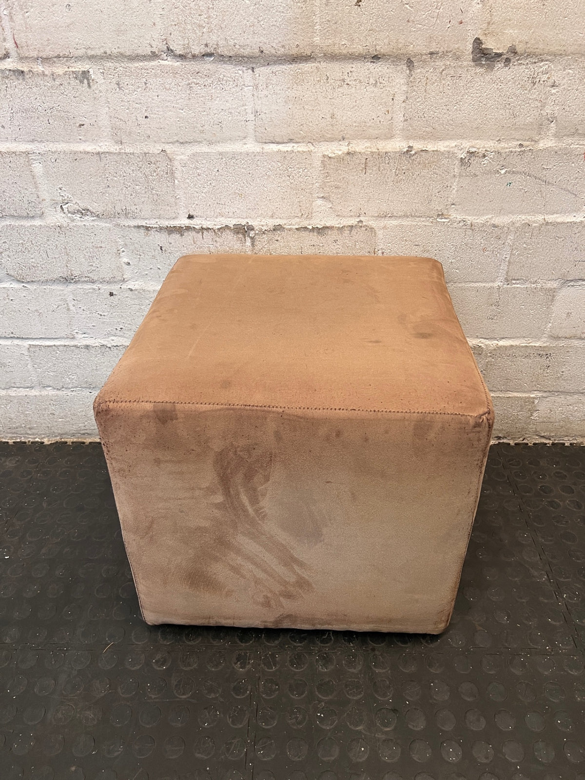 Beige Upholstered Cube Ottoman – top view