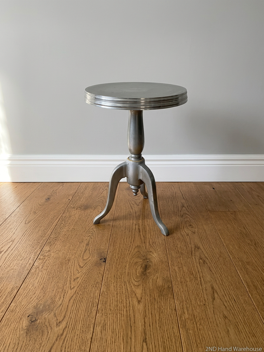 Silver Pedestal Side Table with Triple Leg Base — Well Used with Visible Wear