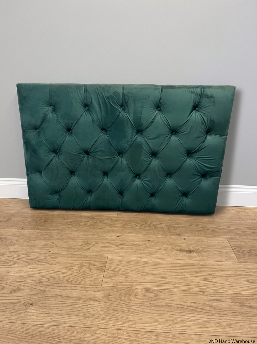 Button-Tufted Green Fabric Double Headboard — Damaged Structure and Broken Legs