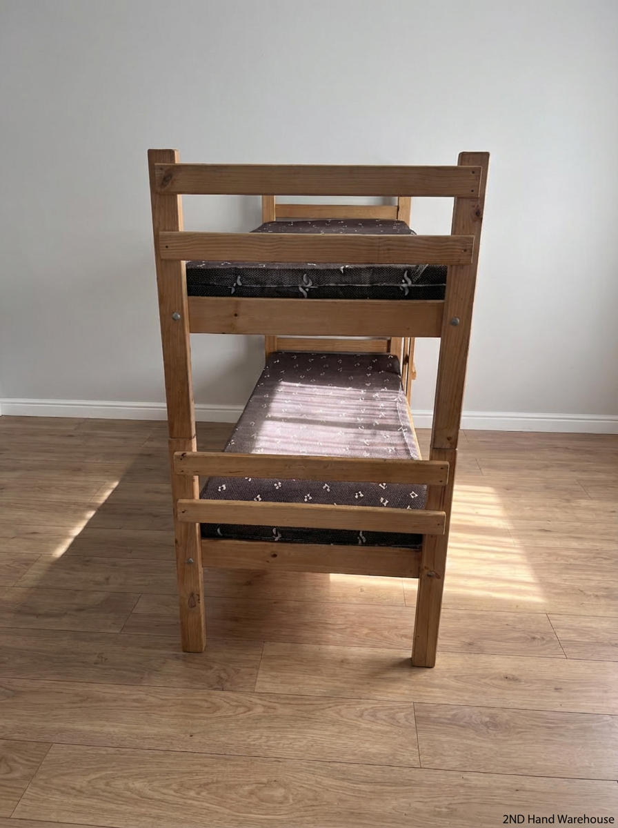 Oak-Coloured Wooden Bunk Bed with Ladder & 2 Mattresses - 2ndhandwarehouse.com