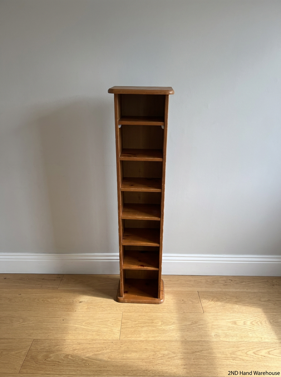Tall Slim Pine-Finish Wooden Shelving Unit — Well Used Condition