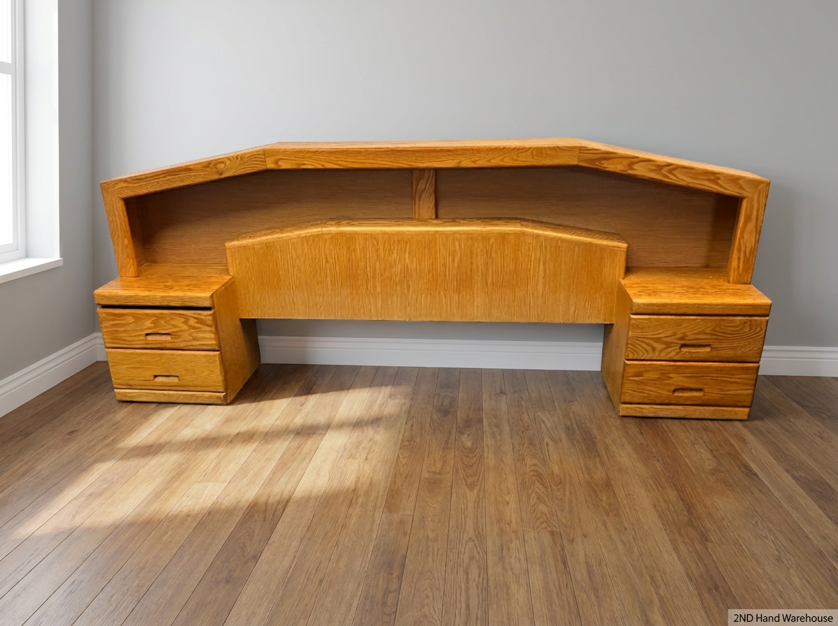 Light Oak Queen Headboard with Pedestals and Shelving — Water Damage on Dressing Table Surface - 2ndhandwarehouse.com