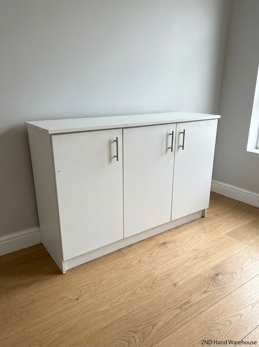 Modern 3-Door White Storage Cupboard with Silver Handles - 2ndhandwarehouse.com