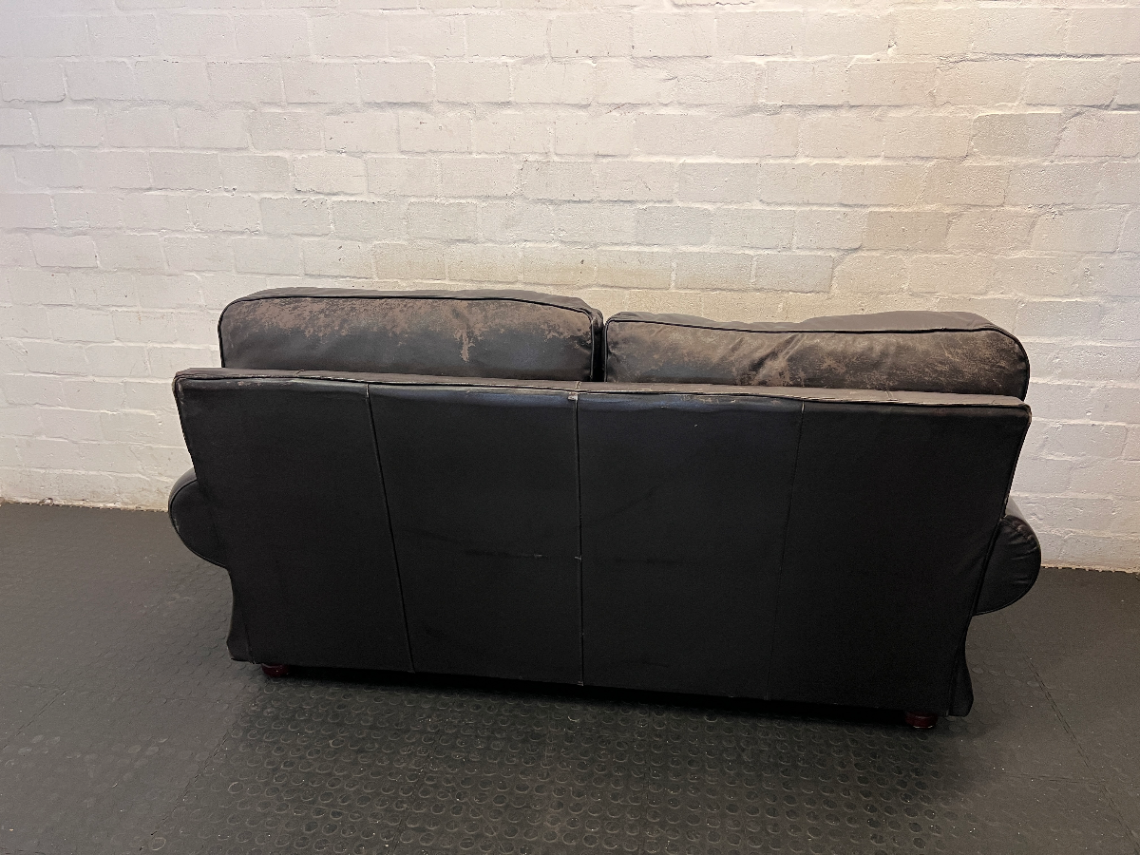 Black Genuine Leather 3-Seater Couch - Visible Leather Wear - 2ndhandwarehouse.com