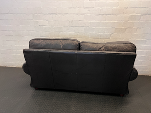 Black Genuine Leather 3-Seater Couch - Visible Leather Wear - 2ndhandwarehouse.com