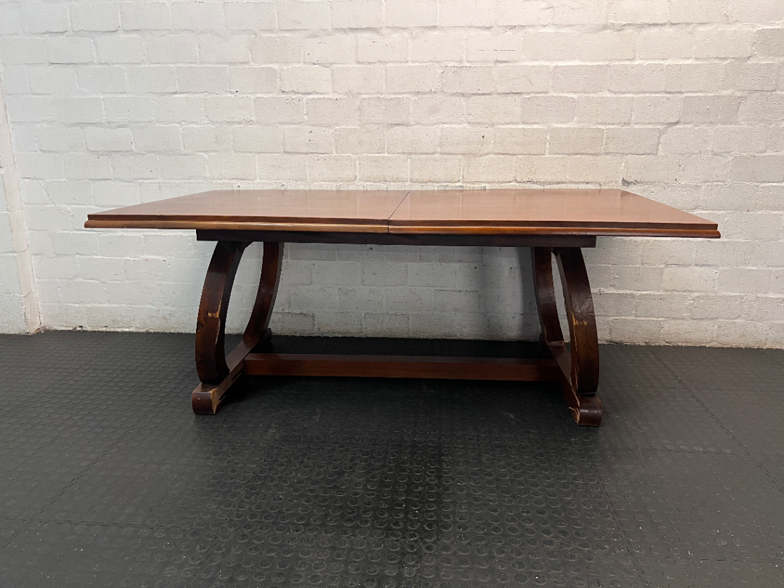 Brown Timber Dining Set with 6 Upholstered Chairs — Damaged Chair Seats and Stained Sideboard Top - 2ndhandwarehouse.com