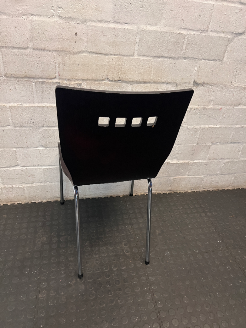 Dark Wood Veneer Dining Chair with Chrome Legs — Arm Rests Scuffed - 2ndhandwarehouse.com