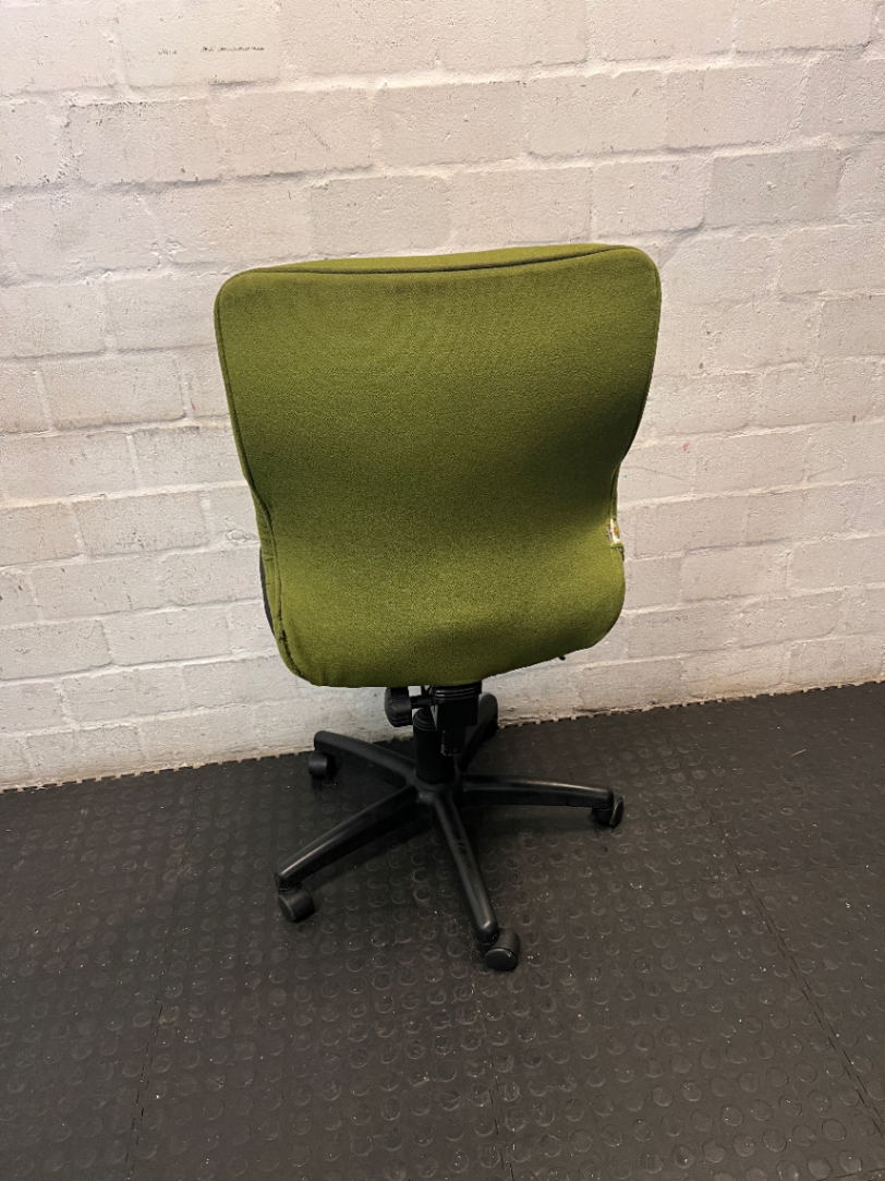 Two-Tone Green and Black Armless Swivel Office Chair — Scuffed Armrests and Well Used Condition - 2ndhandwarehouse.com