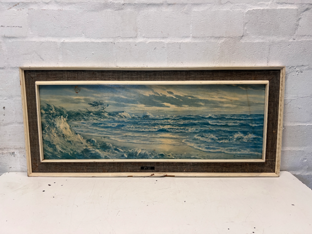 Vintage Seascape Painting with Hessian Border Frame — Stains on Canvas and Chipped Frame - 2ndhandwarehouse.com