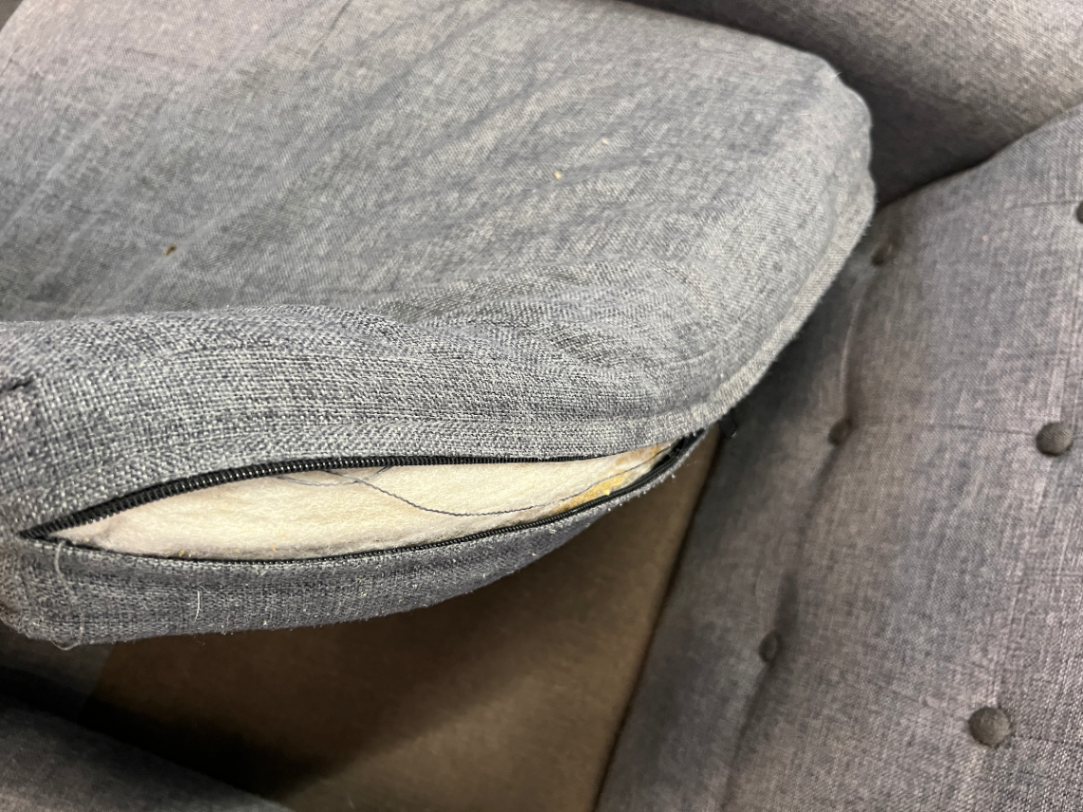 Grey Fabric Tufted L-Shape Couch — Worn Seating Cushions and Skew Feet - 2ndhandwarehouse.com