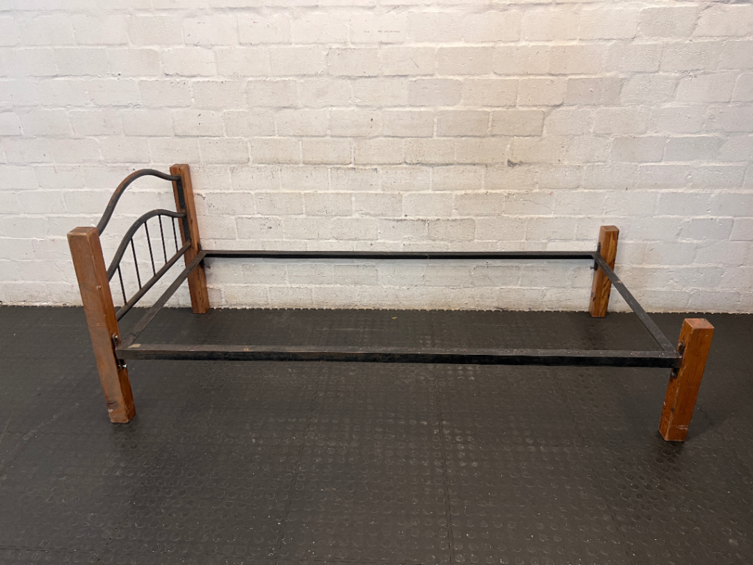 Single Bed Frame with Wood and Arched Metal Headboard - 2ndhandwarehouse.com