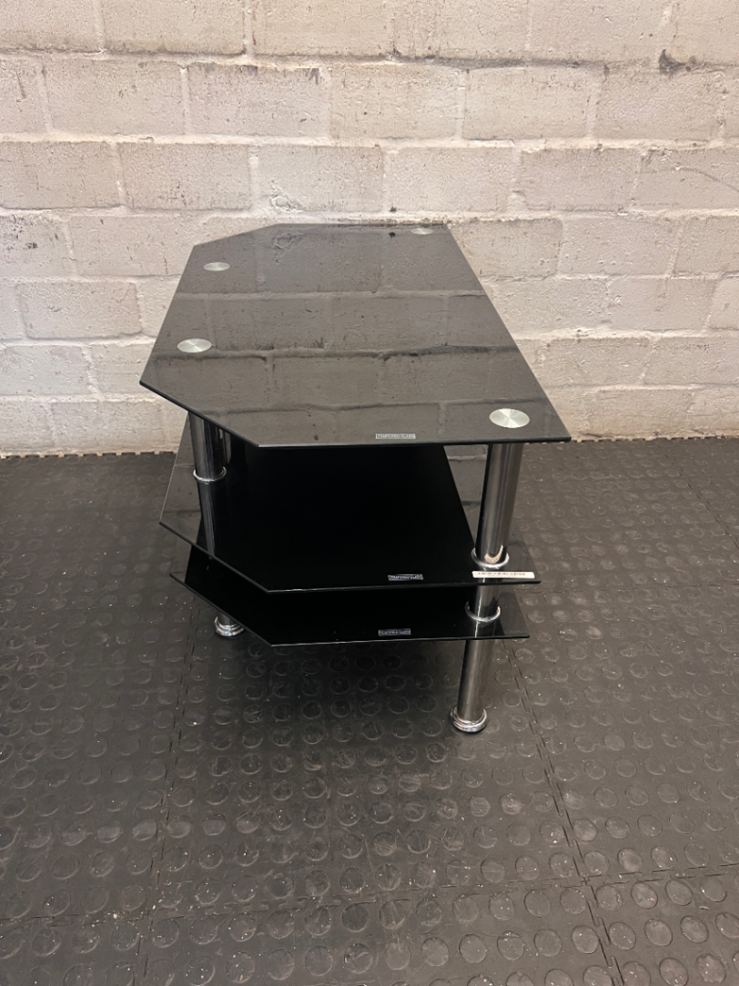 Black Glass 3-Tier TV Unit with Chrome Legs — Clean Condition with No Visible Faults - 2ndhandwarehouse.com