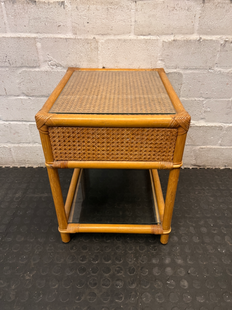 Bamboo Style Side Table with Glass Shelves — Fair Condition - Missing Drawer - 2ndhandwarehouse.com