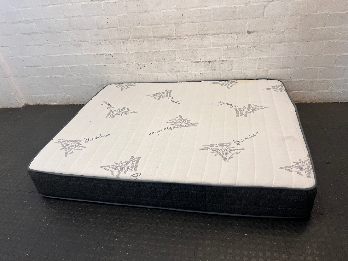 Queen Size Bamboo Motif Mattress with Grey Side Panels — Fair Condition with Visible Staining - 2ndhandwarehouse.com