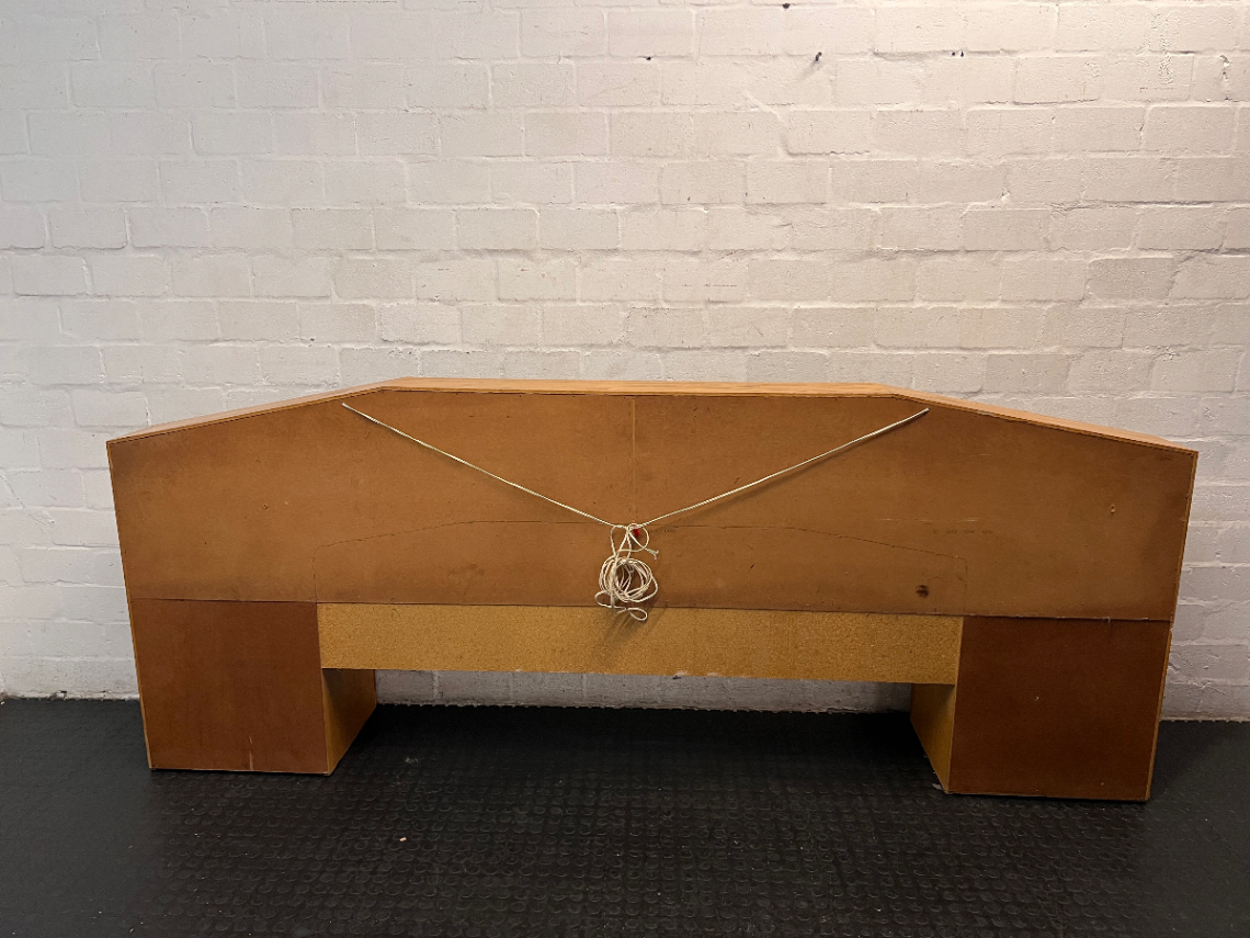 Light Oak Queen Headboard with Pedestals and Shelving — Water Damage on Dressing Table Surface - 2ndhandwarehouse.com