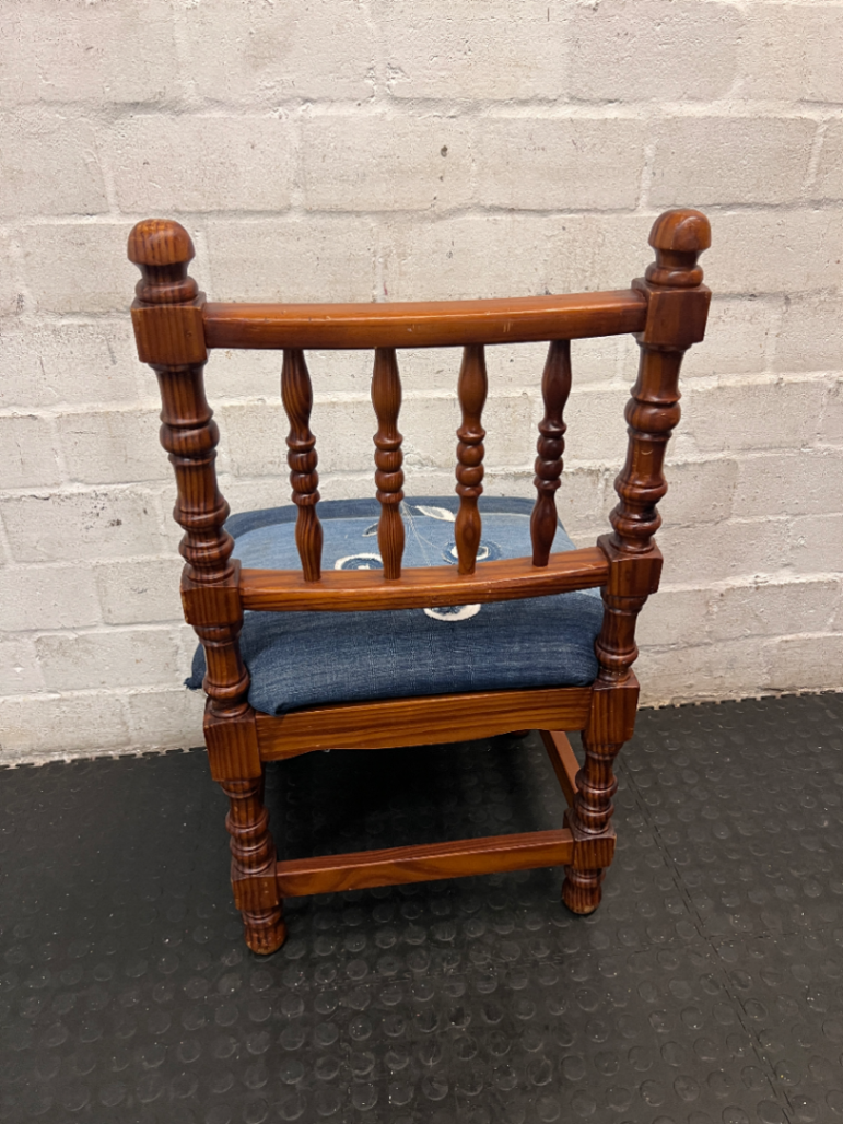 Turned Wood Dining Chair with Denim Patchwork Seat — Structural Repair Required and Altered Seat Covering - 2ndhandwarehouse.com