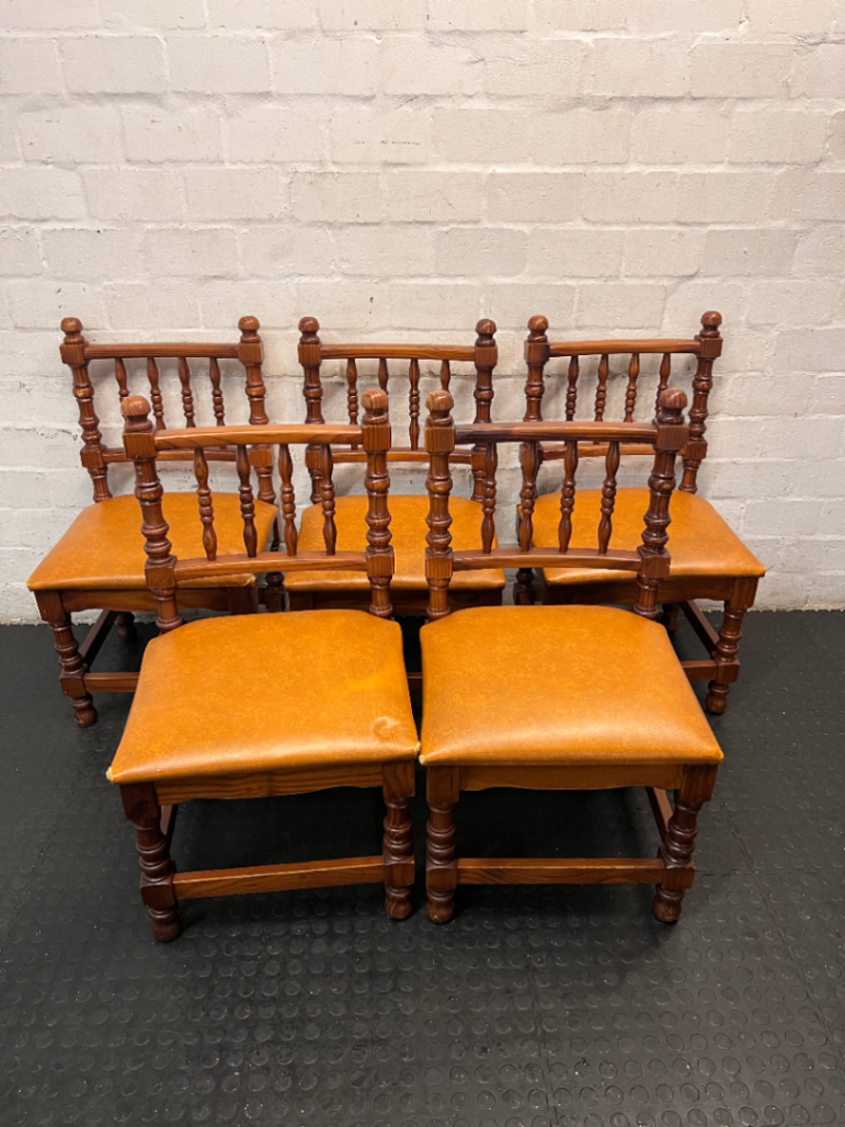 Vintage-Style Turned Wood Dining Chair with Padded Seat — Fair Condition, One Chair Damaged and Needs Repair - 2ndhandwarehouse.com