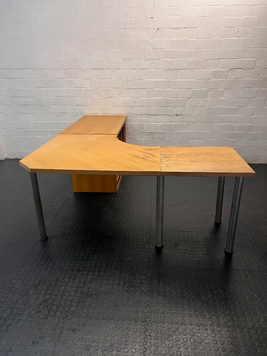 Light Oak L-Shaped Office Desk with Roller Shutter Credenza — Good Working Order with Water Damage on Surface - 2ndhandwarehouse.com