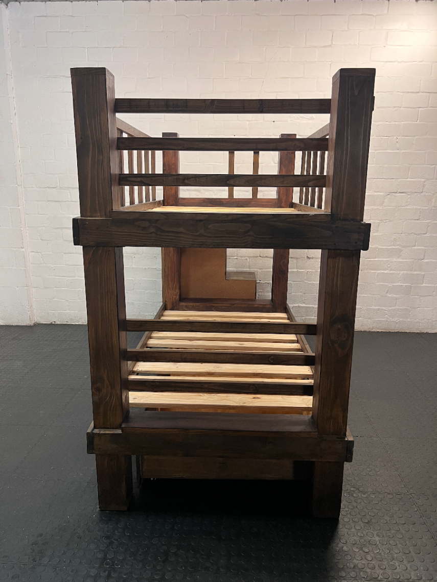 Dark Stained Pine 3/4 Bunk Bed with Storage Steps — Requires Disassembly and Assembly - 2ndhandwarehouse.com