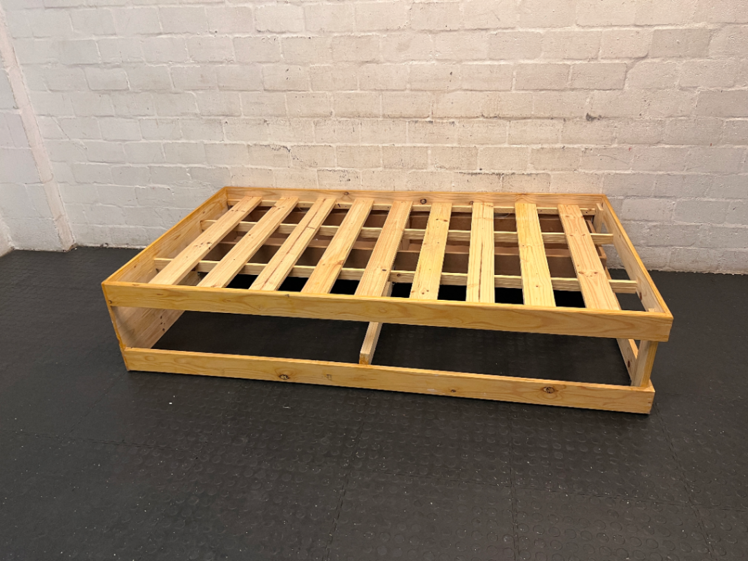 Single Wooden Bed Frame with White Storage Drawers — Good Condition with Minor Dust - 2ndhandwarehouse.com