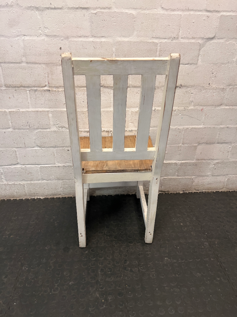Two-Tone Pine Dining Chair with White Slatted Back — Visible Paint Wear and Surface M - 2ndhandwarehouse.com