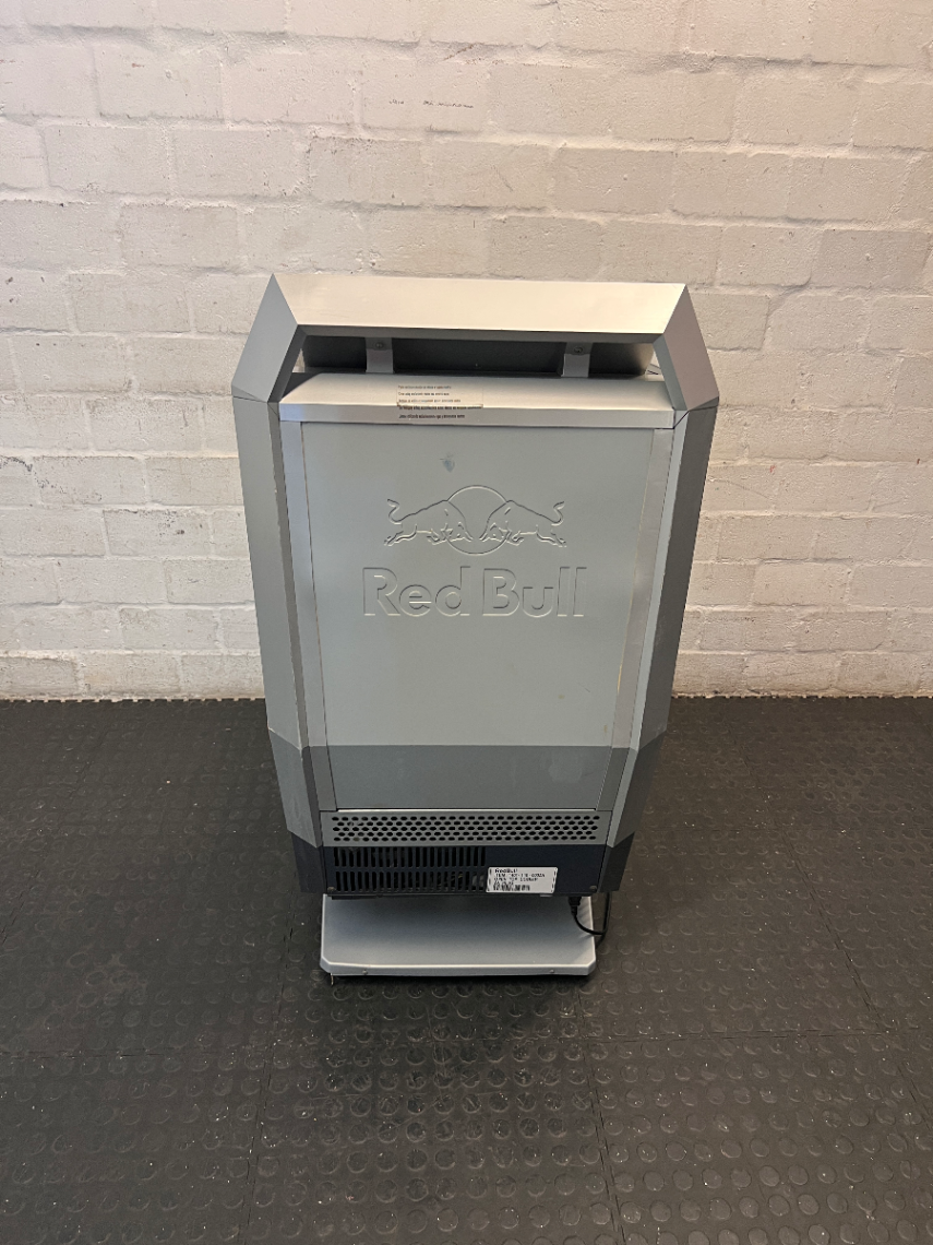 Red Bull Branded Silver Floor Standing Display Fridge — Functional with Audible Noise During O - 2ndhandwarehouse.com