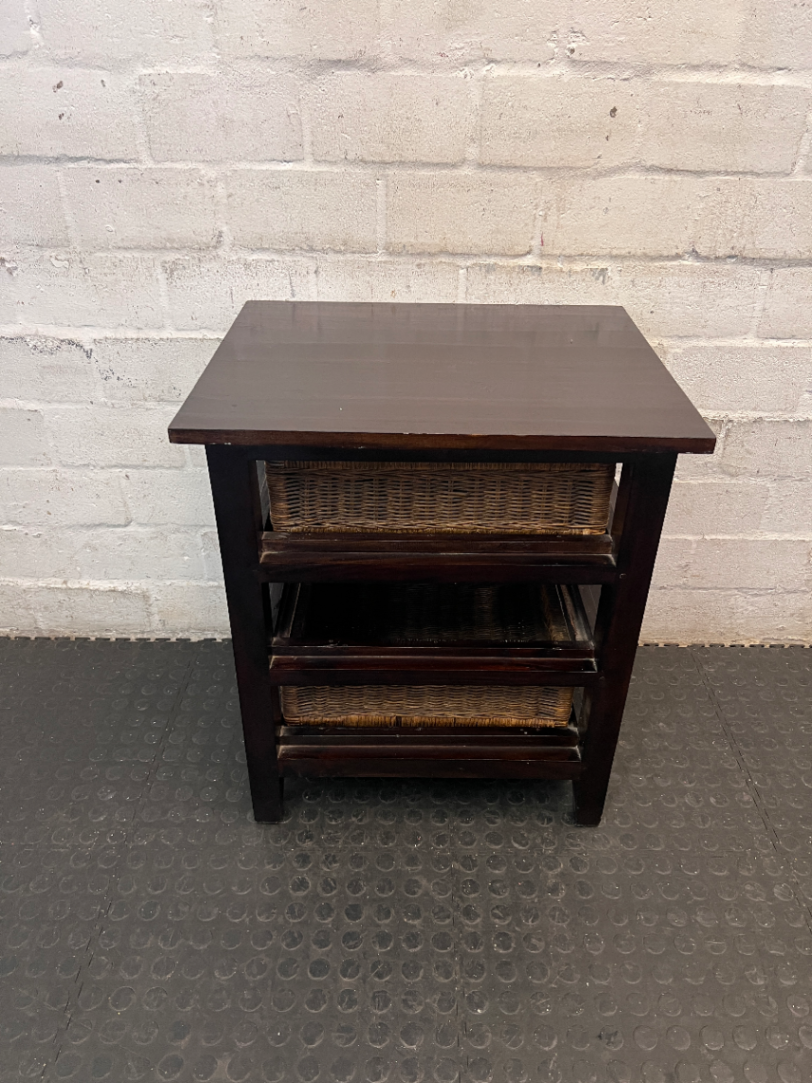 Dark Wood Bedside Pedestal with Wicker Baskets - 2ndhandwarehouse.com