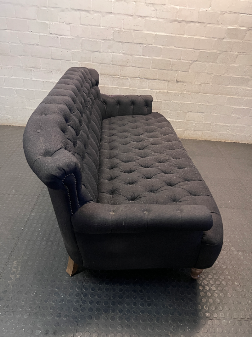 Black Tufted Fabric 3 Seater Couch with Stud Detail — Soiled Upholstery with Extra Cushions