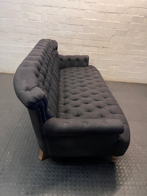 Black Tufted Fabric 3 Seater Couch with Stud Detail — Soiled Upholstery with Extra Cushions