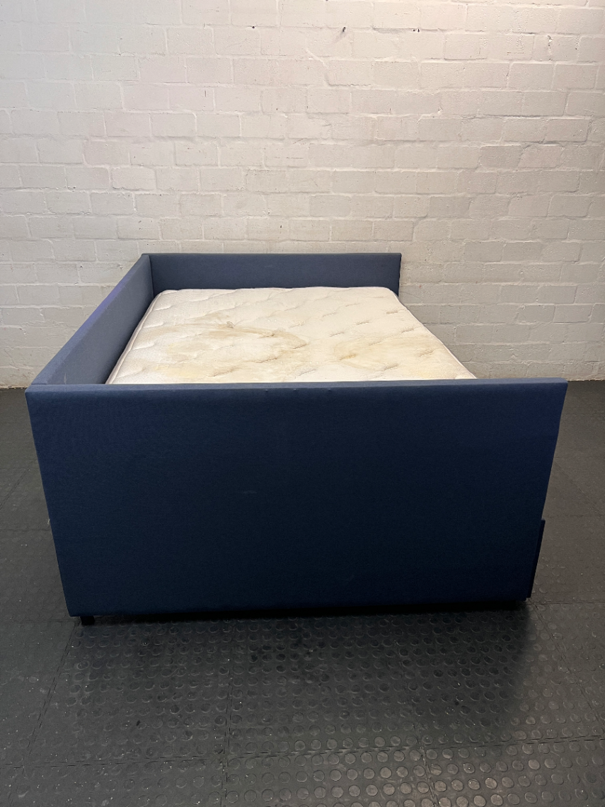 Navy Blue Upholstered Double Daybed with Mattress — Fair Used Condition with Mattress Staining
