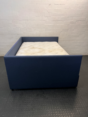 Navy Blue Upholstered Double Daybed with Mattress — Fair Used Condition with Mattress Staining