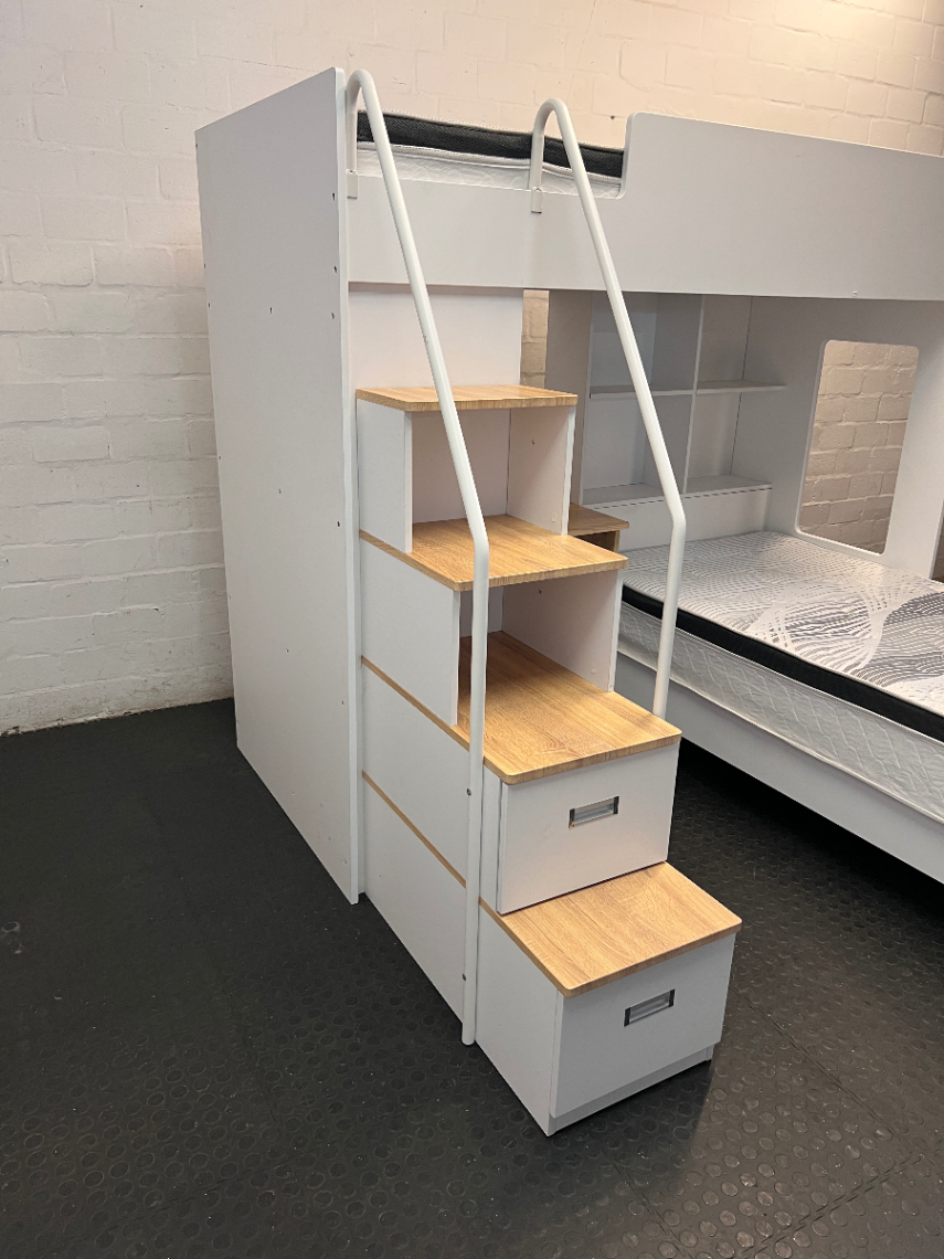 White L-Shaped Bunk Bed with Desk and Storage Cupboard — Good Condition