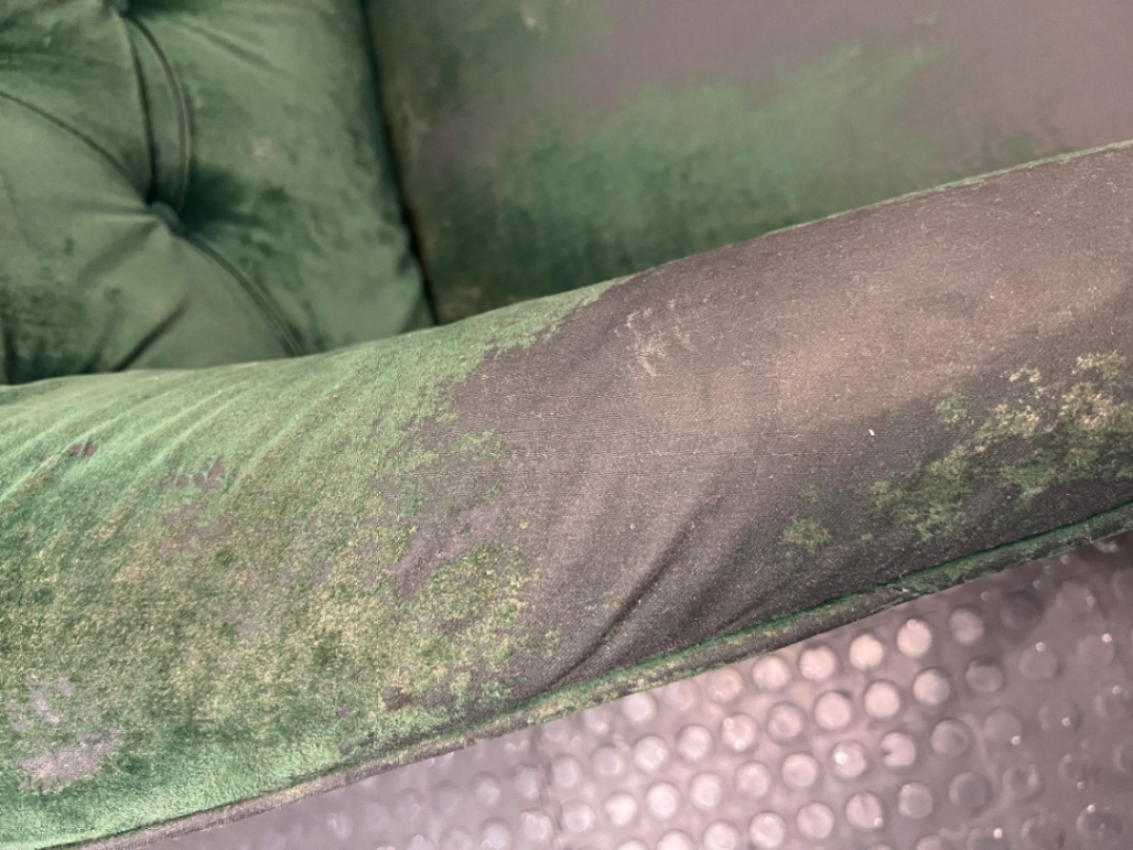 Tufted Green Velvet-Look 2 Seater Couch — Significant Upholstery Wear and Thinning Fabric