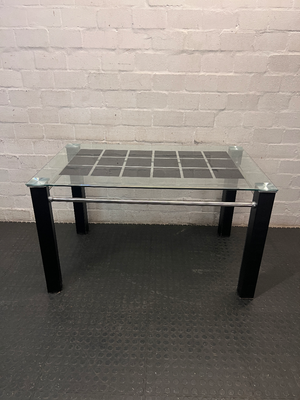 Glass Dining Table with Dark Inlay and Chrome Accents