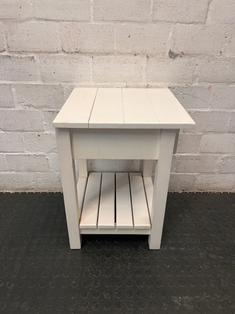Classic White Wooden Bedside Table with Drawer and Shelf — Good Working Order