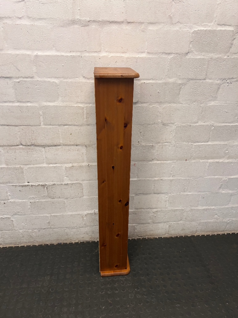 Tall Slim Pine-Finish Wooden Shelving Unit — Well Used Condition