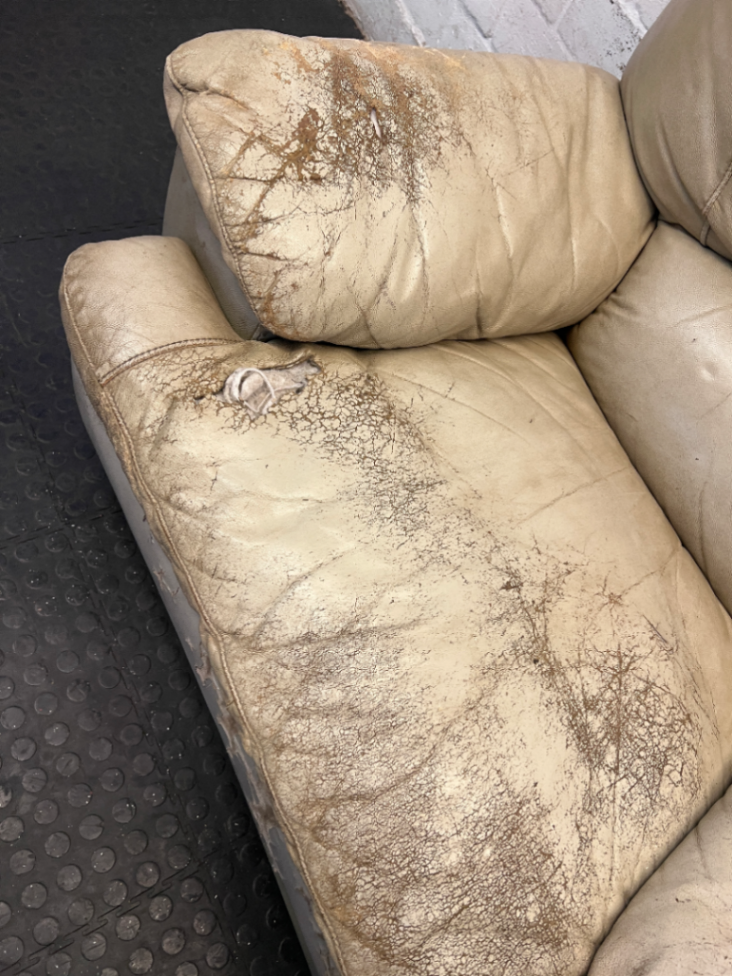 Beige Leather Recliner Armchair — Damaged Leather with Peeling and Tears