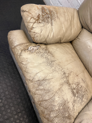 Beige Leather Recliner Armchair — Damaged Leather with Peeling and Tears