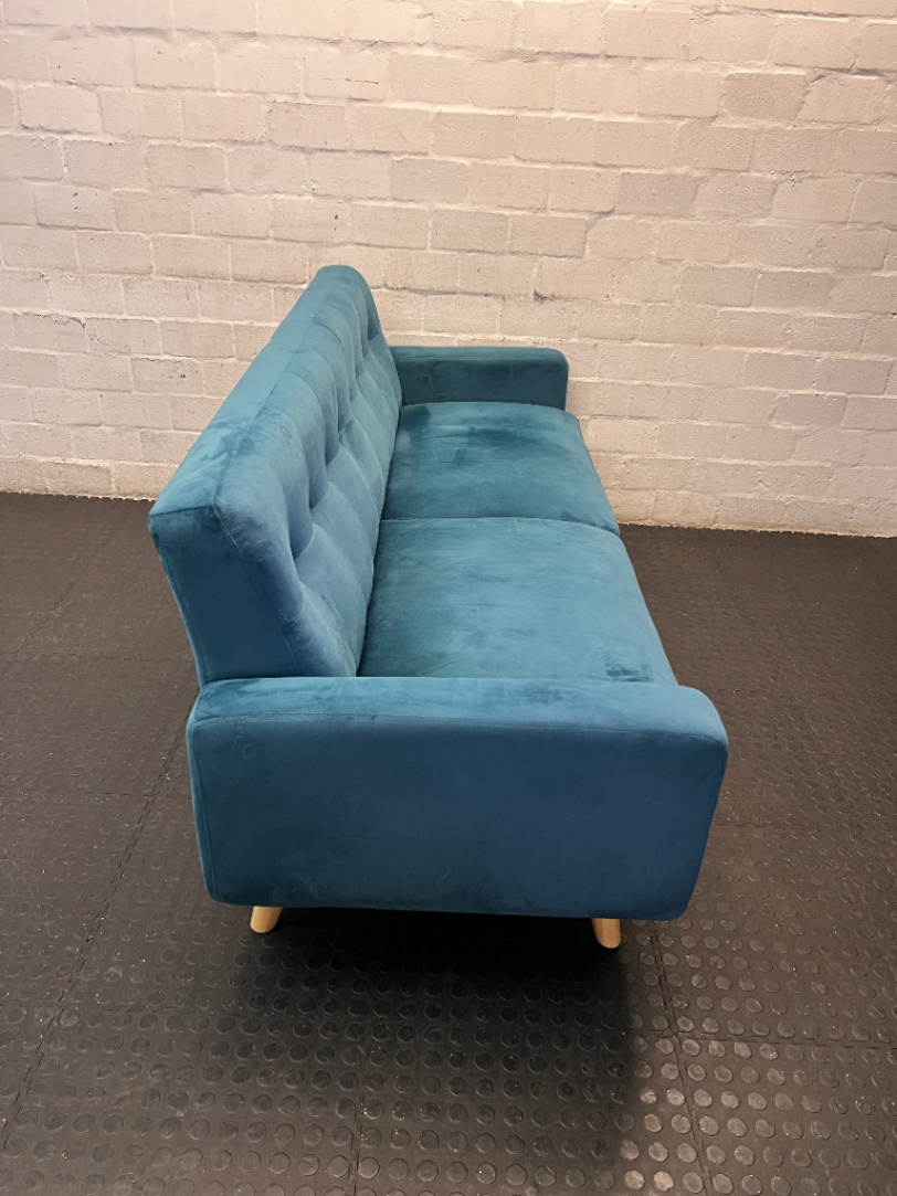 3 Seater Teal Blue Tufted Couch with Wooden Legs — Very Good Condition