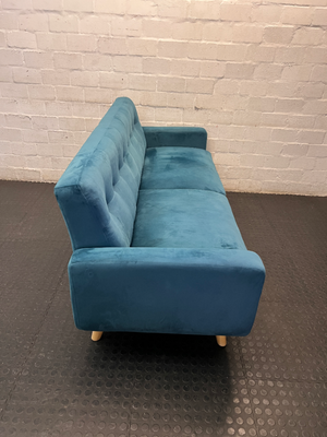 3 Seater Teal Blue Tufted Couch with Wooden Legs — Very Good Condition