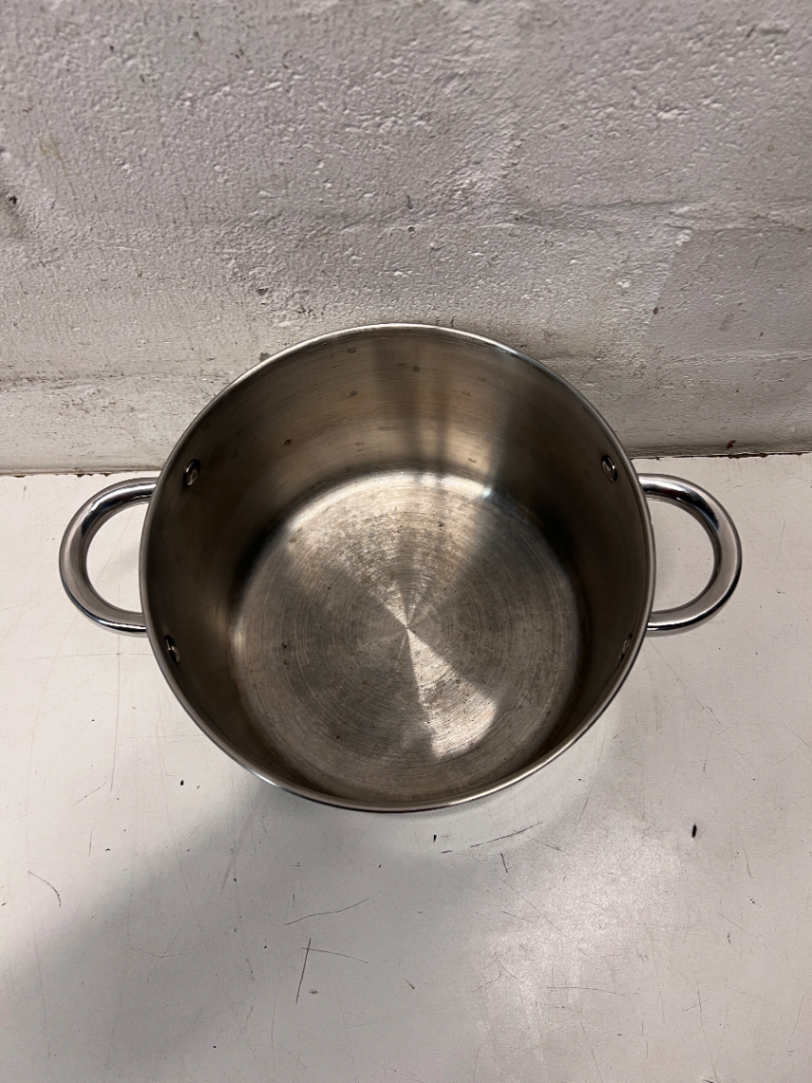 Polished Stainless Steel Pot with Glass Lid — Fair Used Condition with Surface Scratches