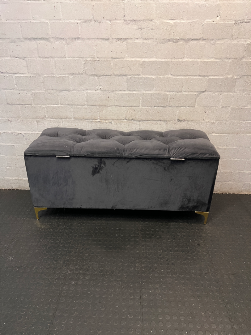 Tufted Grey Velvet Storage Ottoman with Gold Feet