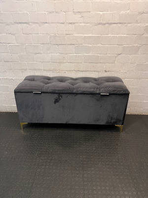 Tufted Grey Velvet Storage Ottoman with Gold Feet