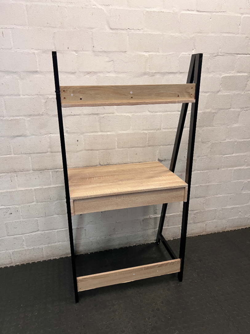 Oak Finish Ladder Desk with Metal Frame and Shelf — Slight Wear on Top Shelf Underside