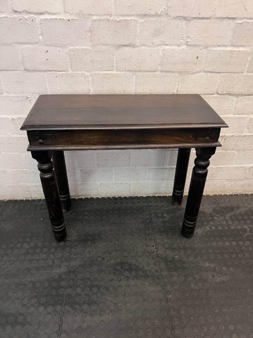 Dark Wood 2-Drawer Console Table with Turned Legs — Good Condition