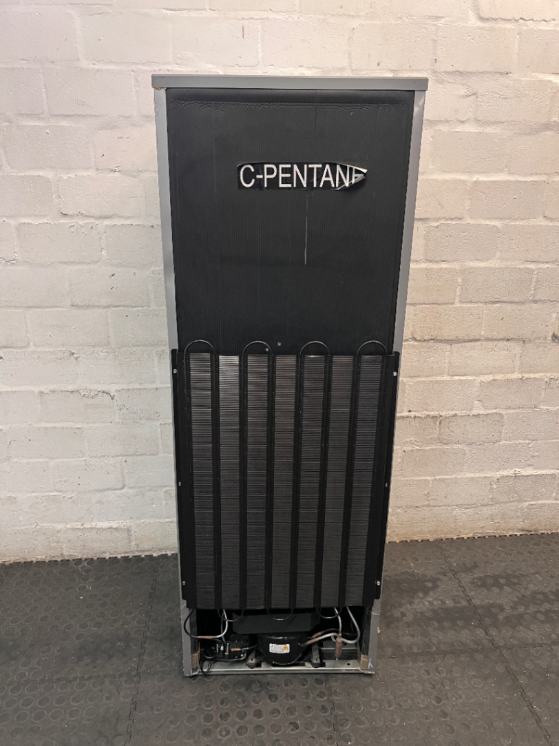 KIC Top-Mount Fridge Freezer in Silver — Working Order with Chipped Door Shelf