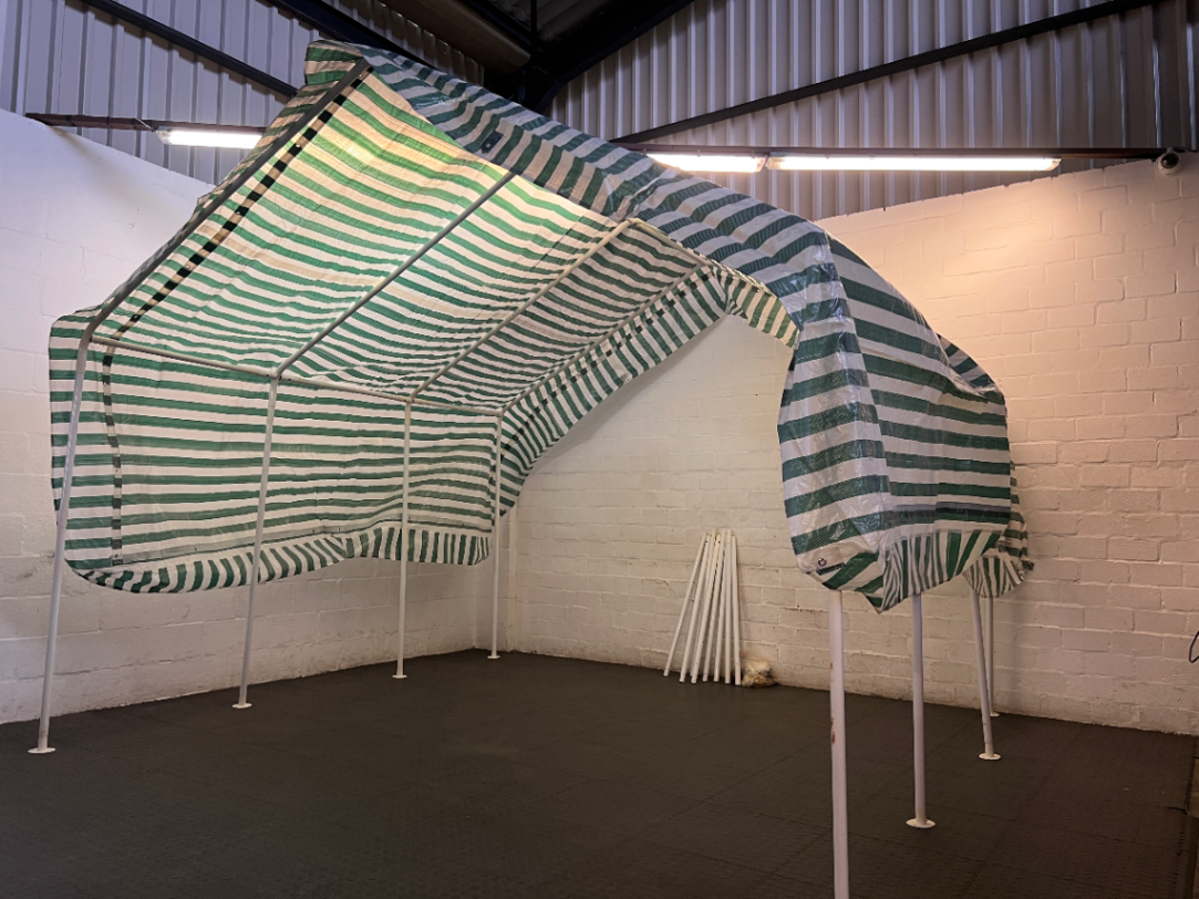 Striped Green and White Portable Canopy Carport — Fair General Condition