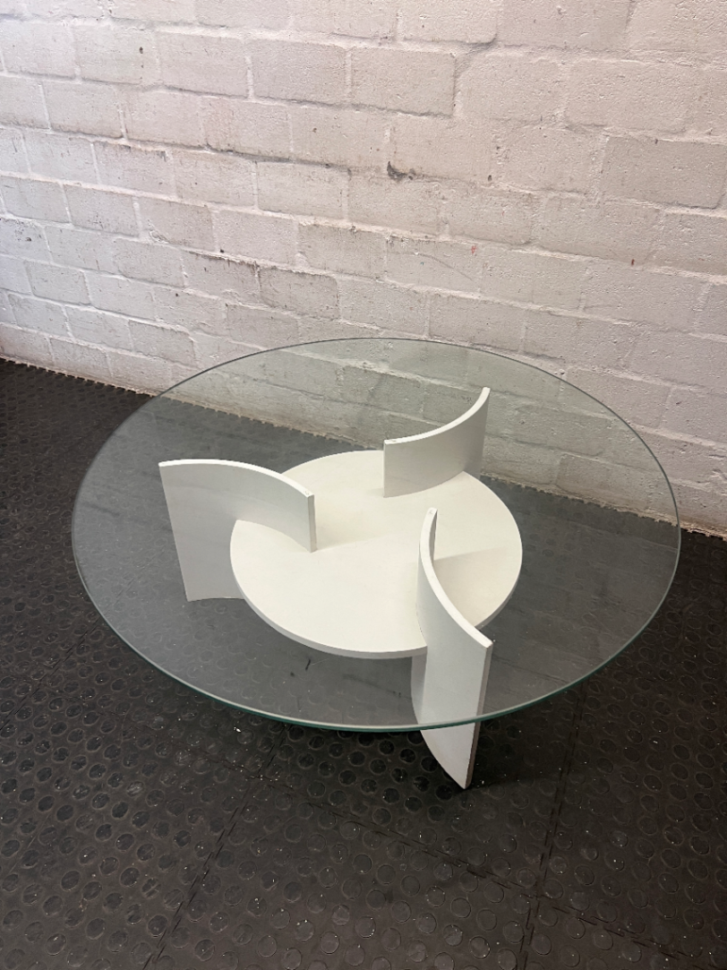 Round Glass Coffee Table with Designer White Base — Well Used Condition